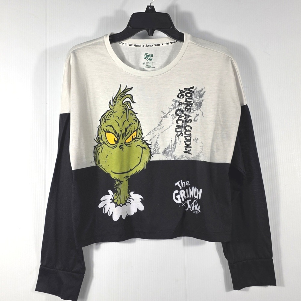 Justice Sleep The Grinch Long Sleeve Pajama Top White Black Girls Large Plus 12P